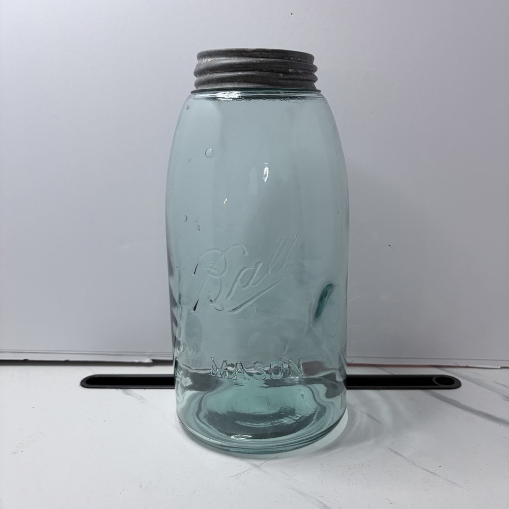 Antique Ball Mason "BALL" Canning Jar Aqua Blue Glass Quart Jar W/ LID
